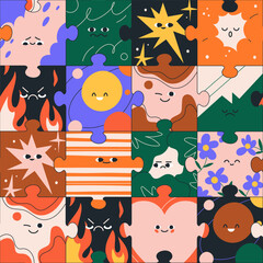 Wall Mural - Faces on puzzle pieces, seamless pattern design. Cute characters, happy and sad emotions, facial expressions, endless background. Repeating print for textile. Colored flat graphic vector illustration