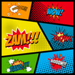 Comic style phrases in frames. Cartoon explosion. Zam. Pow. Bang. Boom. Wow. Vector illustration.