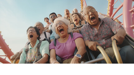 Happy senior people having fun on roller coaster at amusement park. Retirement concept