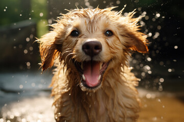 Canvas Print - A puppy's wet nose and wagging tail, the epitome of excitement. Concept of canine happiness. Generative Ai.