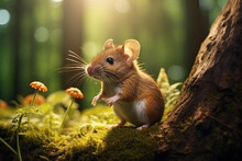Close Up Brown Mouse In A Forest On The Ground