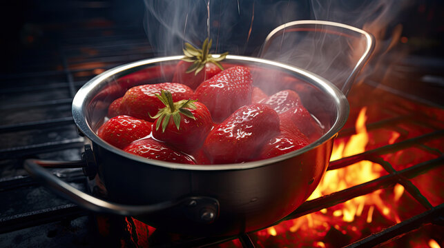 strawberry syrup in a pot on a stove. preservation of berries