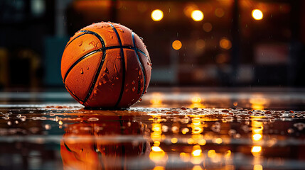 Wall Mural - Rain-soaked basketball glistening with reflections on a vibrant court