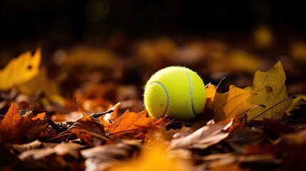 Tennis ball on autumn leaves textured