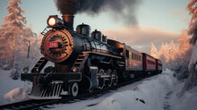 Old Steam Train Running Through The Woods Of Winter Snow Background