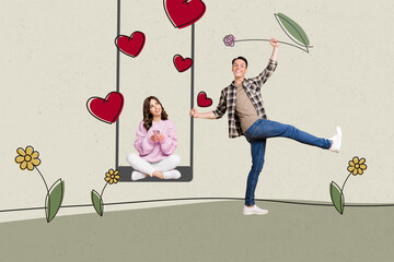 Sticker - Creative artwork collage of bonding couple funny boyfriend catch children swing and gives girlfriend flower isolated on gray background