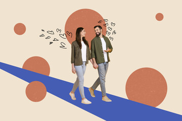 Poster - Horizontal creative photo collage postcard poster of two people couple walk together hold hands talk speak smile love heart on painting background