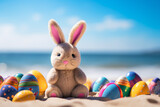 Fototapeta Nowy Jork - Cute Rabbit Toy and Colorful Painted Easter Eggs at the Beach Under Sunshine - Festive Easter Scene - Created with Generative AI Tools