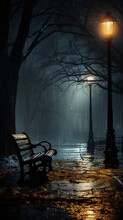 Streetlight With Park Bench At Night And Rainy Weather