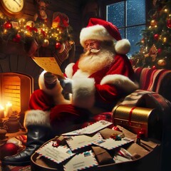 Wall Mural - Santa Claus reading letters from children in his cozy cabin Santa's Mailbox