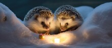 Two Hedgehogs Are Standing In The Snow With A Candle. Generative AI.