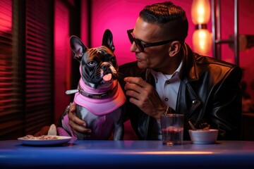 Canvas Print - A man in a pink jacket and sunglasses is feeding his dog. Generative AI.