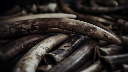 elephant tusks illegal endangered ivory sold by wildlife poachers on a market in asia causing animal