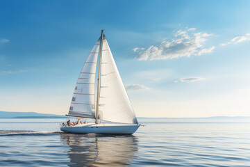 Poster - a white sailboat gliding smoothly on calm waters, capturing the serenity of sailing against a clear 