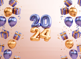 Wall Mural - Happy New Year 2024 festive banner template with floating numbers, gifts, balloons and text space on a pastel background in 3D rendering