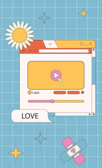 Fototapete - cool stories or post template, retro browser computer window in 90s vaporwave with geek stickers. y2