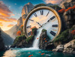 an ancient, grand clock face,  set within the rugged cliffside of a mountain. The clock’s hands are transformed into cascading rivers
