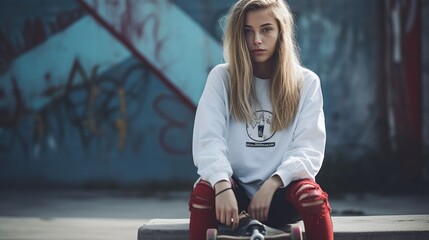 Awesome young girl in a sweatshirt playing skateboard in a skatepark.