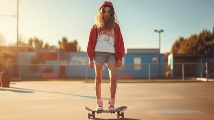 Wall Mural - Awesome young girl in a sweatshirt playing skateboard in a skatepark.