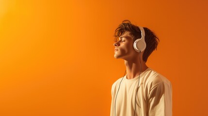 Confident young generation z hipster standing alone against an orange background.