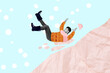 Collage picture of impressed black white colors guy slide fall down snow mountain hill isolated on painted background