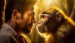 Face to face between a monkey and a man. Close-up of a man with a beard and mustache and a monkey, seen in profile looking at each other and comparing.