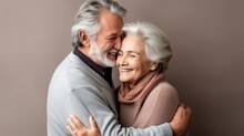 Old Senior Couple In Love Hug And Embrace With Romance Together Close-up Portrait Background. Hug Day, St Valentines Concept. Happy Mature Man And Woman Hugging Together. Elderly People In Love..