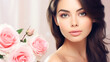 Closeup face of young beautiful woman with a healthy clean skin. Beautiful woman with flowers. 


