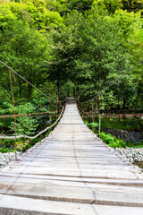 Wall Mural - travel to Georgia - wooden planks of suspension bridge over Machakhela River in Tskhemlara village in Adjara on sunny autumn day