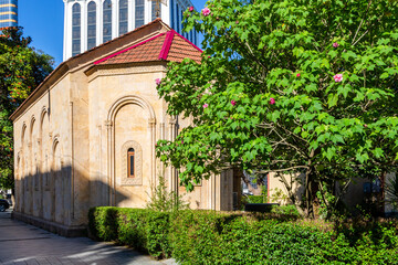 Sticker - travel to Georgia - edifice of Church of St. Barbara on Rustaveli Avenue in Batumi city in autumn morning. St Barbara Church was founded in 1888, by the military hospital