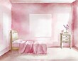 Watercolor of A pink bedroom with a picture on the wall