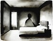 Watercolor of A dark bedroom with a white seen from the 