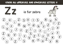 Find And Dot All Letters Z. Educational Worksheet For Learning Alphabet. Cute Zebra.
