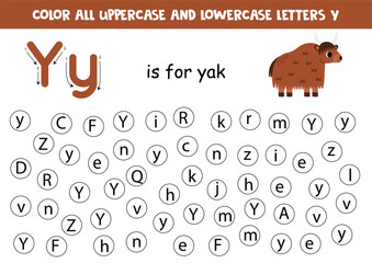 Wall Mural - Find and dot all letters Y. Educational worksheet for learning alphabet. Cute yak.