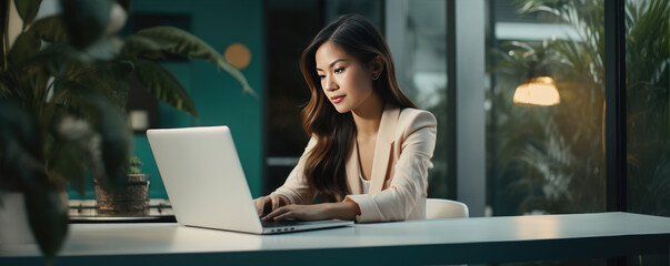 Asian woman using laptop in modern office interiors.