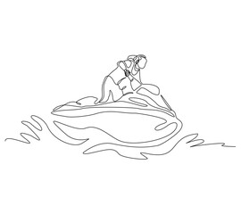 Wall Mural - Continuous single line sketch drawing of woman riding jet ski power boat on splash wave. One line art of water sport outdoor summer fun holiday activity vector illustration