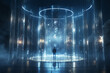  An image inspired by science fiction, depicting a conceptual design of a futuristic quantum teleportation chamber, with a focus on the imaginative and speculative aspects of teleporting particles 