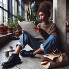 Person reading a newspaper at home