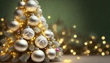 Fototapeta  - Choinka ozdobiona pięknymi, srebrnymi bombkami na szarozielonym tle. Bożonarodzeniowe tło z miejscem na tekst