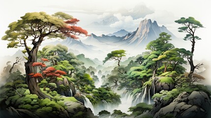 Wall Mural - Watercolors of fantastic landscapes of mountains in the tropical jungle.