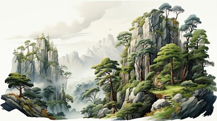 Wall Mural - Watercolors of fantastic landscapes of mountains in the tropical jungle.