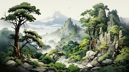 Wall Mural - Watercolors of fantastic landscapes of mountains in the tropical jungle.