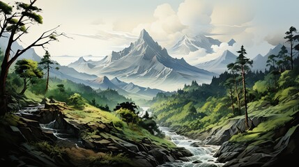 Wall Mural - Watercolors of fantastic landscapes of mountains in the tropical jungle.