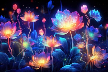 Canvas Print - fantasy surreal flowers. futuristic floral wallpaper with iridescent holographic flowers, neon glow.