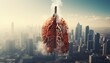 Lung disease frome smoking , Human lungs and smoking city background. 3d rendering toned image double exposure