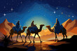 The Three Magi King of Orient, The Three Wise Men Illustration, Melchior, Caspar and Balthasar, Epiphany Celebration, Three Kings at night in the desert, christmas card