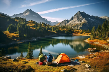 Wall Mural -  Hikers work together to set up camp near a serene mountain lake, showcasing teamwork and outdoor survival skills in a wilderness camping environment.
