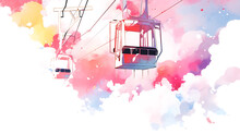 Ski Lift In The Snowy Mountains In Watercolor Style With Drops, Isolated On A White Background. 