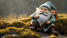 A Porcelain Gnome In The Garden With An Ironic Smile. Generative AI.