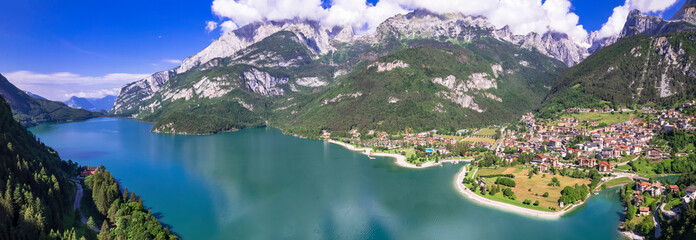 Poster - Most scenic mountain lakes in northern Italy - beautiful Molveno in Trento, Trentino Alto Adige region. panoramic aerial drone high angle view.